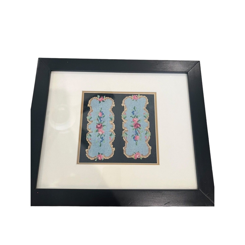 Vintage Pink Roses Floral Needlepoint In Black Frame Glass Artwork 12x15